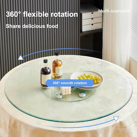 Big Boy Sized Round Lazy Susan With Dead Silent Glide 360 Degree Rotation Serving Tray built from bumper glass on a dining table.