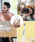 Collage showing Six Pack US To Europe Type C Travel Plug Adapters in use with electronics, highlighting compact design and functionality.
