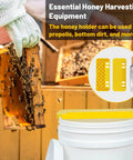 Beekeeping Uncapping Kit With Tank Holder And Plastic Scraper Tool Serrated Knife Set in use with honey frame and bucket
