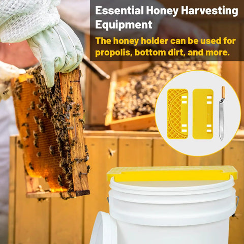 Beekeeping Uncapping Kit With Tank Holder And Plastic Scraper Tool Serrated Knife Set in use with honey frame and bucket