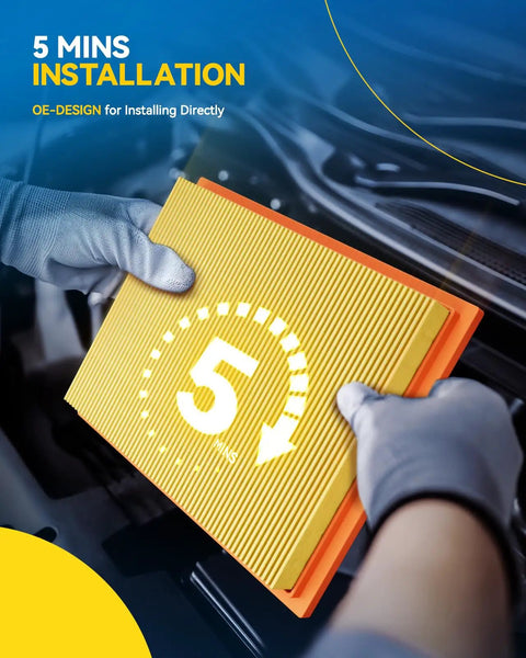 Installation of CA11876 Engine Air Filter for Volkswagen Tiguan and Audi Q3 A3, showing quick fit in car engine bay, 5-min install time.