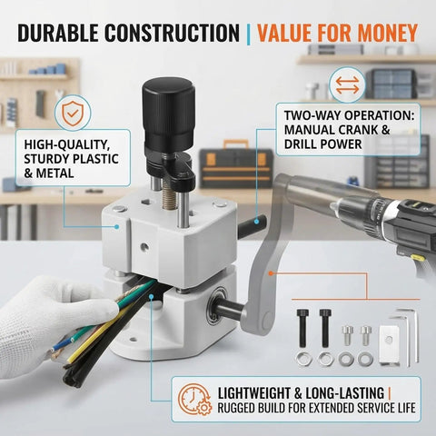 Heavy Duty Manual Wire Stripper Tool With Five Blade System, Lightweight Plastic Body, displayed with wires and components