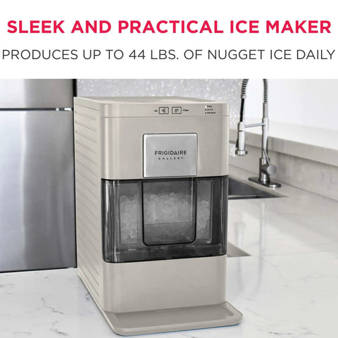 Cream Countertop Nugget Ice Maker With Visible Window And Sleek Touchscreen That Cranks Out 44 Lbs Of Soft Sonic Ice Daily on kitchen countertop.