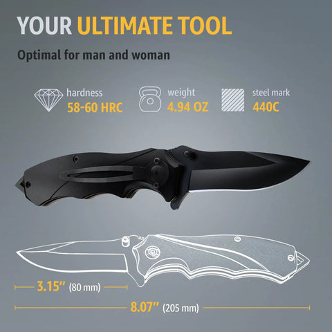 Beefy Everyday Carry Folding Knife For Men With Sharp Blade And Glass Breaker Pocket Clip, camping survival tool, black handle