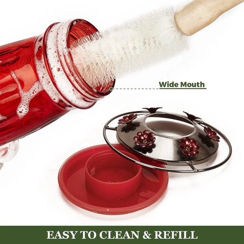 Clear Glass Hummingbird Feeder For Outdoors With Six Feeding Ports Red Ant Moat Included 16 Oz Capacity Wide Mouth Cleaning