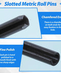 550 Piece Roll Pin Set With Storage Case For Diy Home Improvement And Auto Repair Slotted Hollow Roll Pins Made From 65Mn Steel With Black Oxide Finish Expansion Pins That Flush Install Includes Sizes M1.5 Through M6 showing chamfered ends and fine polish