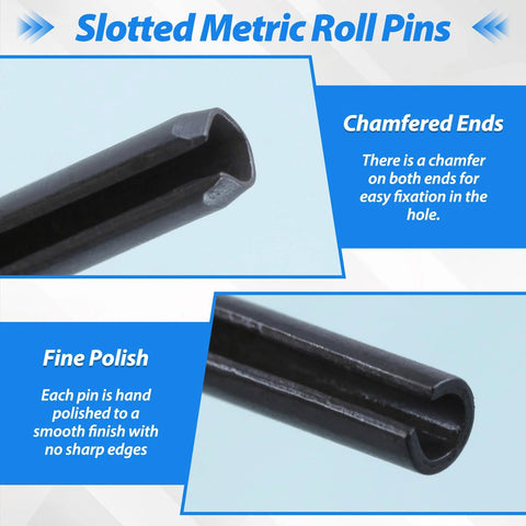 550 Piece Roll Pin Set With Storage Case For Diy Home Improvement And Auto Repair Slotted Hollow Roll Pins Made From 65Mn Steel With Black Oxide Finish Expansion Pins That Flush Install Includes Sizes M1.5 Through M6 showing chamfered ends and fine polish