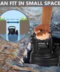 Powerful Submersible Utility Pump 1/6 HP 1370 GPH Portable Drain Pump with 10 ft cord shown in small space fit demo.