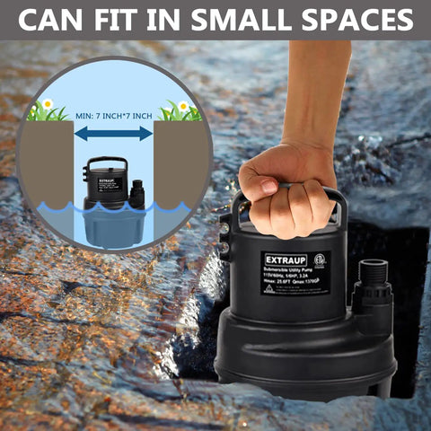 Powerful Submersible Utility Pump 1/6 HP 1370 GPH Portable Drain Pump with 10 ft cord shown in small space fit demo.