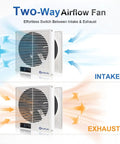 Diagram showing 8 Inch Through Wall Room To Room Fan With Remote Reversible Airflow Boss Level Airflow Quietly Moves Air Between Rooms 320 CFM With Temperature Control Durable In Wall Fan Ideal For Closet And Laundry Rooms in intake and exhaust modes.