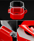 Emergency Stop Button Cover 8 Pack Clear Lockout Guard with anti-UV insulating plastic, red base, shown in detailed views.