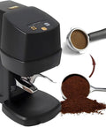 Automatic Electric Espresso Tamper For 58 Mm Portafilters Featuring Adjustable Pressure And Height Settings Delivers Dead On Compacts Every Time with espresso grounds nearby.