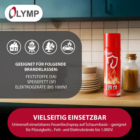 Universal Foam Fire Extinguisher Spray 500ml Compact Cylinder on a kitchen shelf, ready for quick fire safety access.