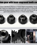 Beefed-Up Hardened Steel Pinion Gear Set For One-Tenth Scale RC Cars, 3.175mm Shaft, 18T to 21T Teeth, laser-engraved tooth count