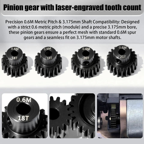 Beefed-Up Hardened Steel Pinion Gear Set For One-Tenth Scale RC Cars, 3.175mm Shaft, 18T to 21T Teeth, laser-engraved tooth count