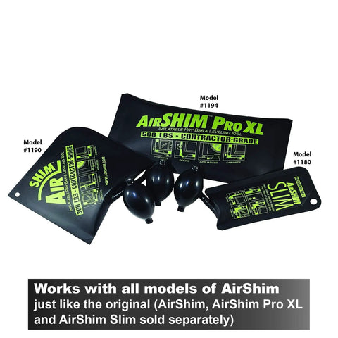AirShim Inflation Bulbs For Lift Bags Black 3 Pack Built To Last With Universal 1/4 Inch Valve Stem Fittings Easy Secure Replacement Latex Rubber Construction with model numbers visible