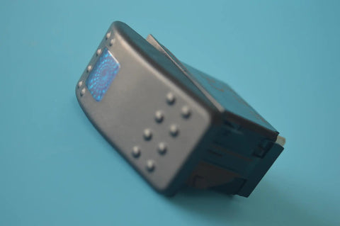 Close-up of 12V 20A Waterproof LED On Off Rocker Switch for Boats and Marine Rigs SPST 3P Lighted Switch with Blue Indicator