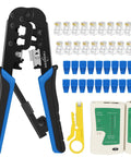 Pro Grade Ethernet Crimping Kit With 20 RJ45 Connectors Covers Cable Tester And Wire Stripper Universal RJ11 RJ12 6P 8P Crimp Cut And Strip For Cat5 Cat5e Ideal For DIYers And Tech Pros, showing tools and components.