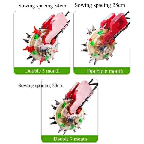 Diagram of Hand Push Roller Seeder With 8 Seed Plates And Manual Double Cylinder Planter Fertilizer Applicator showing sowing spacing options