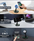 Magnetic Wireless Charger Stand With 15W Fast MagSafe Charging For iPhone Series showing phone docked and AirPods charging