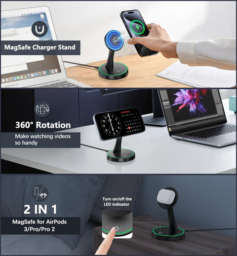 Magnetic Wireless Charger Stand With 15W Fast MagSafe Charging For iPhone Series showing phone docked and AirPods charging