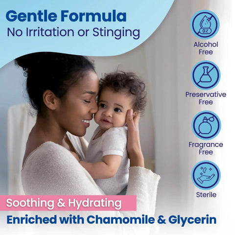Mother holding baby next to Gentle Baby Eye Wipes For Newborns And Toddlers Tear Free And Rinse Free Eyelid Cleansing Wipes package