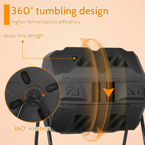 Dual Chamber Tumbling Composter With 43 Gallon Capacity 360 Degree Spin BPA Free Garden Tumbling Bin for efficient composting.