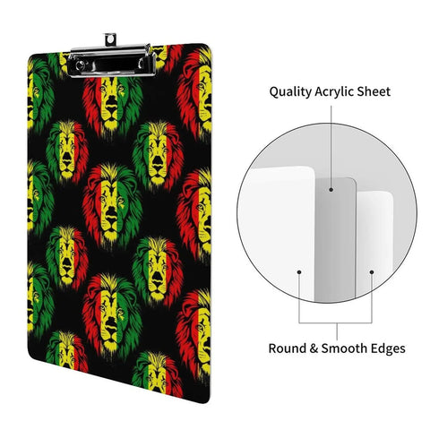 Flag Rasta Print Acrylic Clipboard With Durable Smooth Writing Surface And Clear See Through Deck Holds A4 Or US Letter Papers, lion print