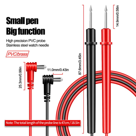 Auto Ranging Digital Multimeter With NCV Contact Tester PVC probe details with dimensions in red and black colors