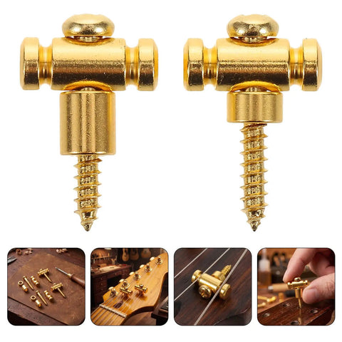 Premium Brass Electric Guitar String Trees Retainers 2 Pairs close-up view, featuring golden brass material and mounting for tuner heads.
