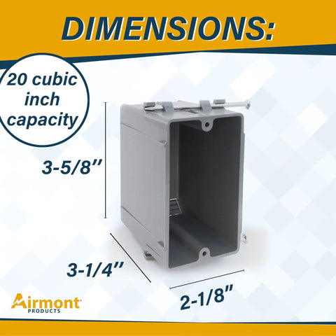 Grey Plastic Electrical Box 1-Gang New Work Junction Box With Captive Nails, 20 Cu In Capacity, dimensions labeled 3-5/8" x 2-1/8" x 3-1/4"