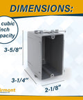 Pack of 4 Plastic Electrical Box Grey Outlet Box Single Gang New Work Junction Box With Captive Nails 20 Cu In Capacity Built To Last 3-5/8 In Length, 2-1/8 In Width, 3-1/4 In Depth Durable PVC For Outlets Switches Receptacles. Gray PVC single-gang box, 20 cu in, shown with dimensions