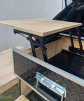 Heavy Duty Two Piece Lift Up Coffee Table Mechanism With Smooth Gas Spring Hinge Support Bracket Hydraulic Floating Desktop Riser Kit showing wood surface and hinge details.