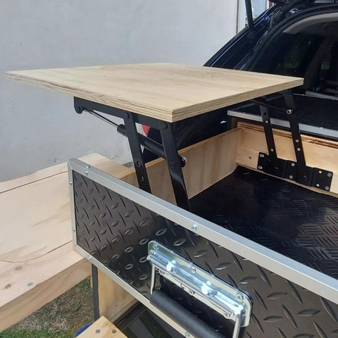 Heavy Duty Two Piece Lift Up Coffee Table Mechanism With Smooth Gas Spring Hinge Support Bracket Hydraulic Floating Desktop Riser Kit showing wood surface and hinge details.