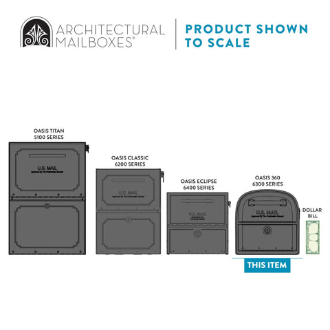Oasis 360 Locking Parcel Mailbox size comparison with other models, highlighted in blue, post mounted, rust resistant, X Large rubbed bronze.
