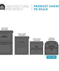Comparison of different mailbox sizes, featuring the Oasis 360 Post Mounted Mailbox White, Heavy Duty Steel Build, highlighted.