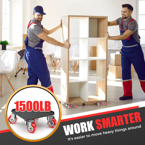 Two movers using Heavy Duty Five Wheel Furniture Dollies Rocking 1500 Pound Capacity to transport a cabinet.
