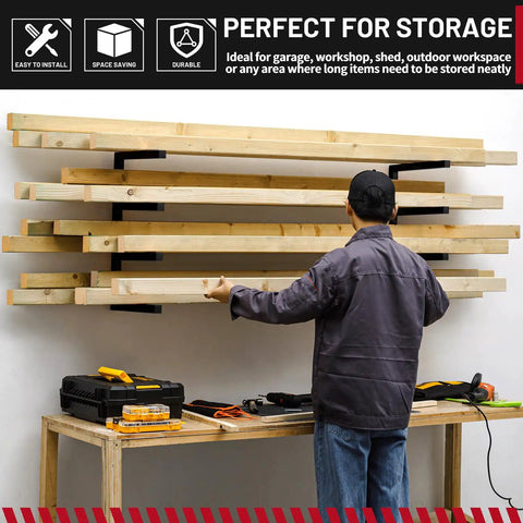 Heavy Duty Wall Mounted Lumber Rack With Rock Solid Four Level Metal Shelf For Garage And Workshop Mega 800 Pound Capacity Black Steel Tool Storage Organizer System, showing wood being stored on a wall-mounted rack.