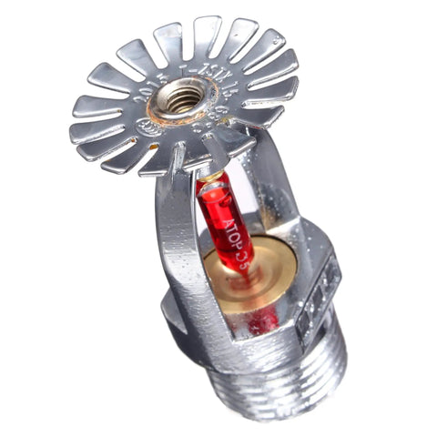 Slick Chrome Plated Copper Pendent Fire Sprinkler Heads Four Pack With Kickass One Half Inch NPT Threads And Hella Dependable 155 Fahrenheit Red Bulb For Super Smooth Indoor Coverage close-up showing a sprinkler head with red bulb.