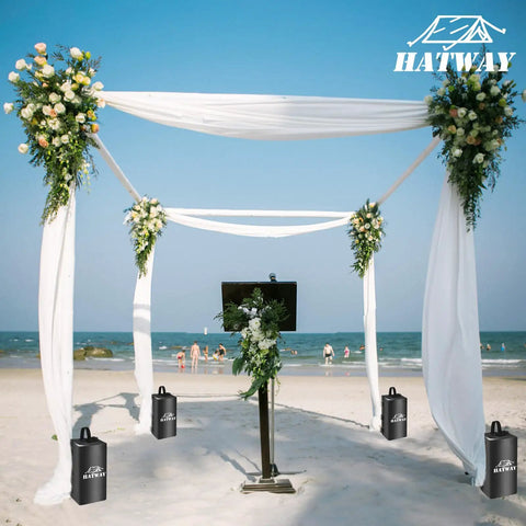 132 Lbs Canopy Weights Set For Pop Up Gazebos And Canopies anchoring a beach wedding arch with flowers and drapes