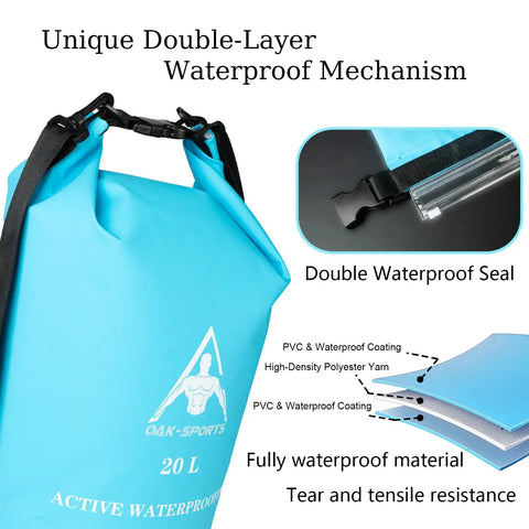 Dry Bag Waterproof Backpack Roll Top With Double Zipper Seal, 20L, Sky Blue, featuring unique double-layer waterproof mechanism