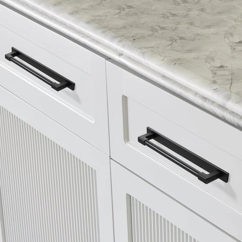 Installed 10 Pack Classic Solid Cabinet Handles With Metal Base Plate 6.3 Inch Screw Spacing Matte Black Furniture Hardware on white cabinets