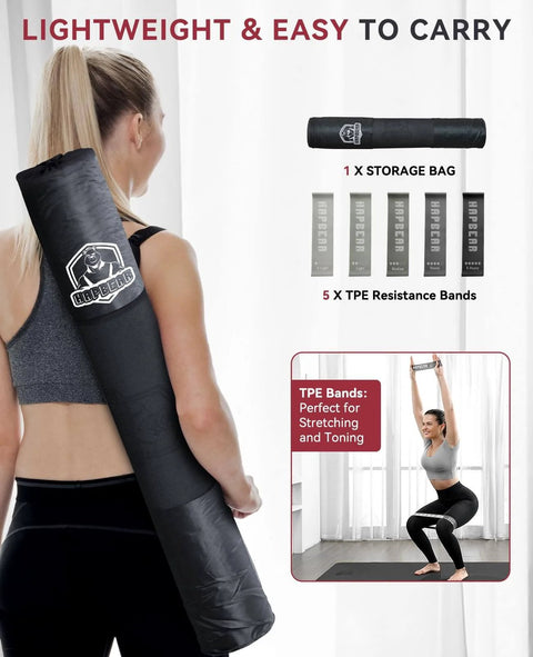 Woman carrying Extra Wide 72 By 36 Inch Yoga Mat With Non Slip Surface For Home Workouts, shown with storage bag and resistance bands