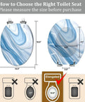 Elongated Resin Toilet Seat for Bathroom dimensions 14.5" x 18.5" with blue swirl design for measurement guidance.