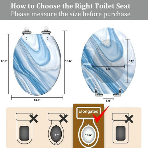Elongated Resin Toilet Seat for Bathroom dimensions 14.5" x 18.5" with blue swirl design for measurement guidance.