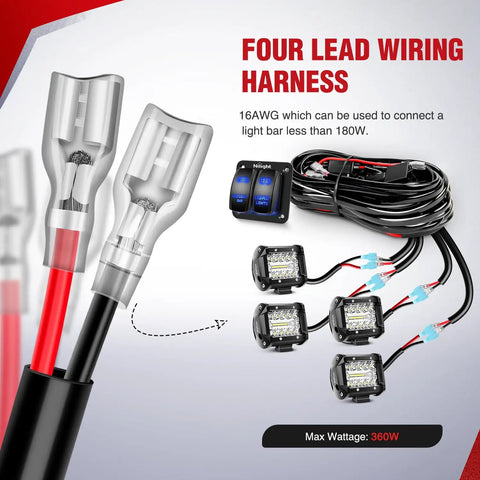 16AWG LED Light Bar Wiring Harness Kit 12V with 2 gang rocker switches, power relay, and blade fuse for vehicles