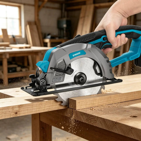 Turbo 6 Inch Cordless Circular Saw with 21V Brushless Motor cutting wood with precision on a workbench.