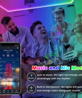 Group enjoying Ultra Long RGB LED Strip Lights With Music Sync, 300Ft 90M, Bluetooth App Control And IR Remote, 5050 Color Changing Rope Lights, showing smartphone app interface.