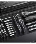 Premium 150 Piece Socket Ratchet Wrench Set With Sturdy Hanging Tray For Auto Repair And Household Fixes Badass Mechanics Gear assembled tools laying on textured black surface.