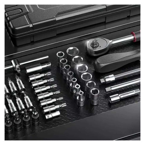 Premium 150 Piece Socket Ratchet Wrench Set With Sturdy Hanging Tray For Auto Repair And Household Fixes Badass Mechanics Gear assembled tools laying on textured black surface.
